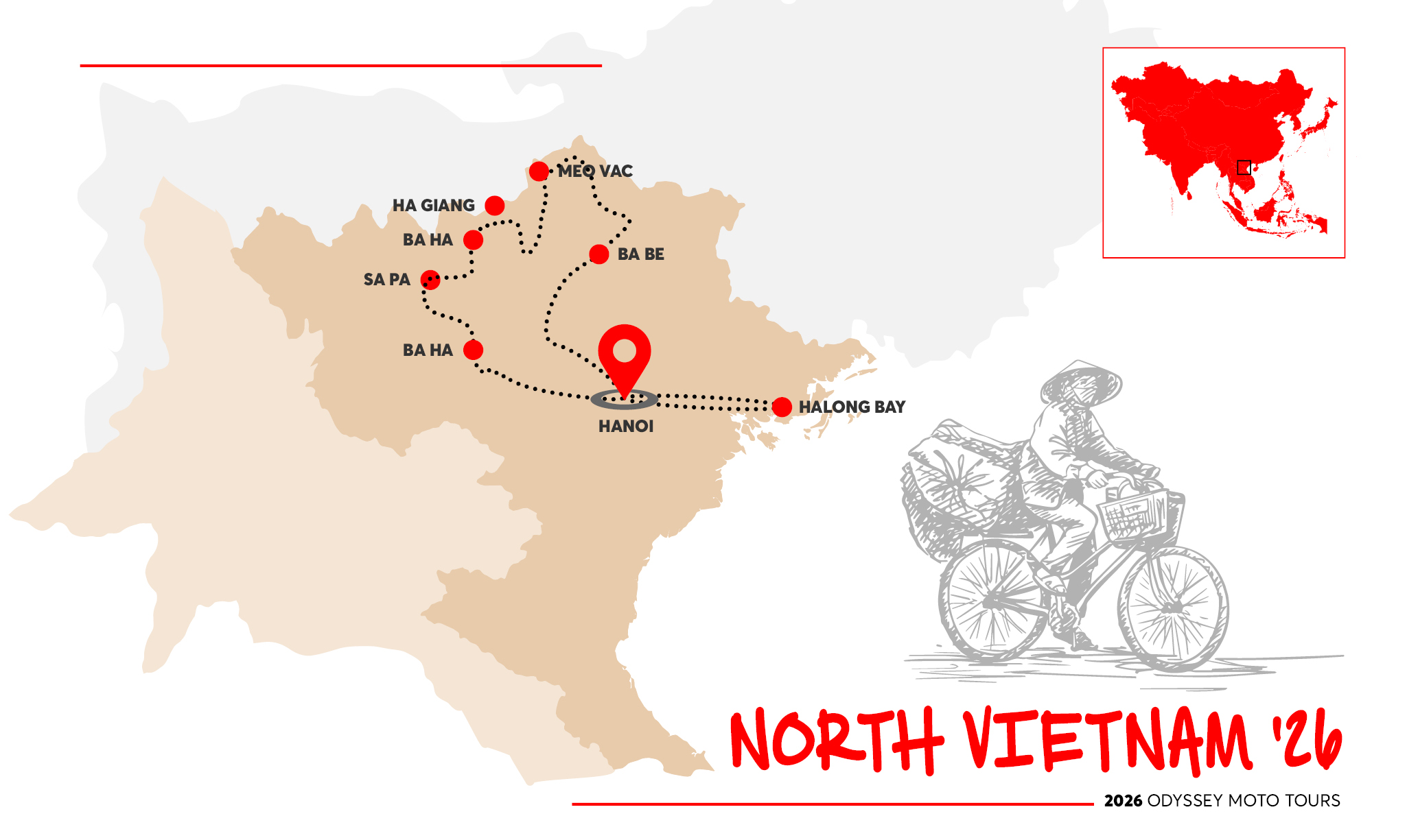 Map showing the Odyssey Moto Tours North Vietnam route for 2026, highlighting key stops and scenic roads.