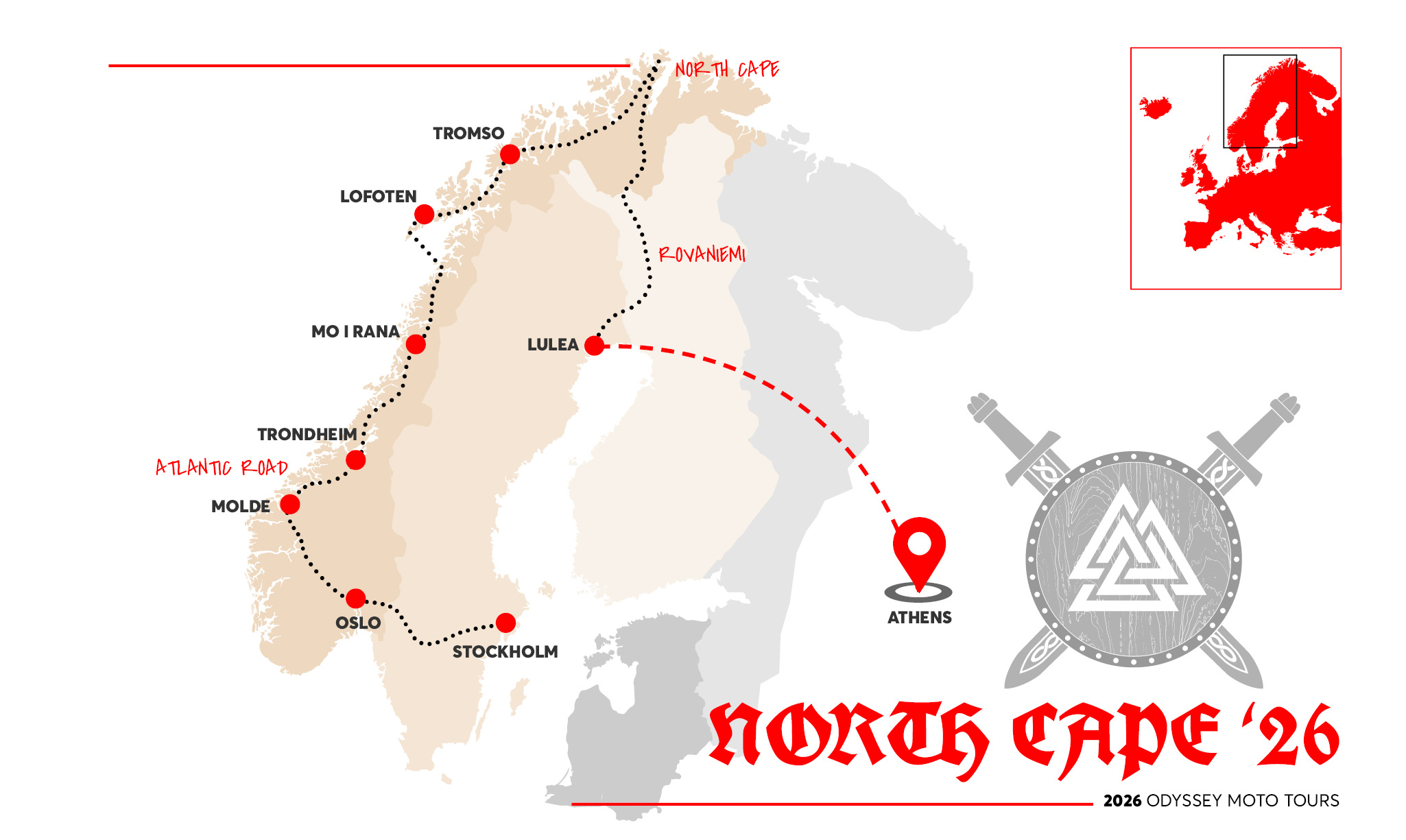 Χάρτης που δείχνει τη διαδρομή του ταξιδιού με μοτοσυκλέτα «2026 Βόρειο Ακρωτήριο», με τονισμένες τις πόλεις διανυκτέρευσης και βασικά αξιοθέατα κατά μήκος της διαδρομής.