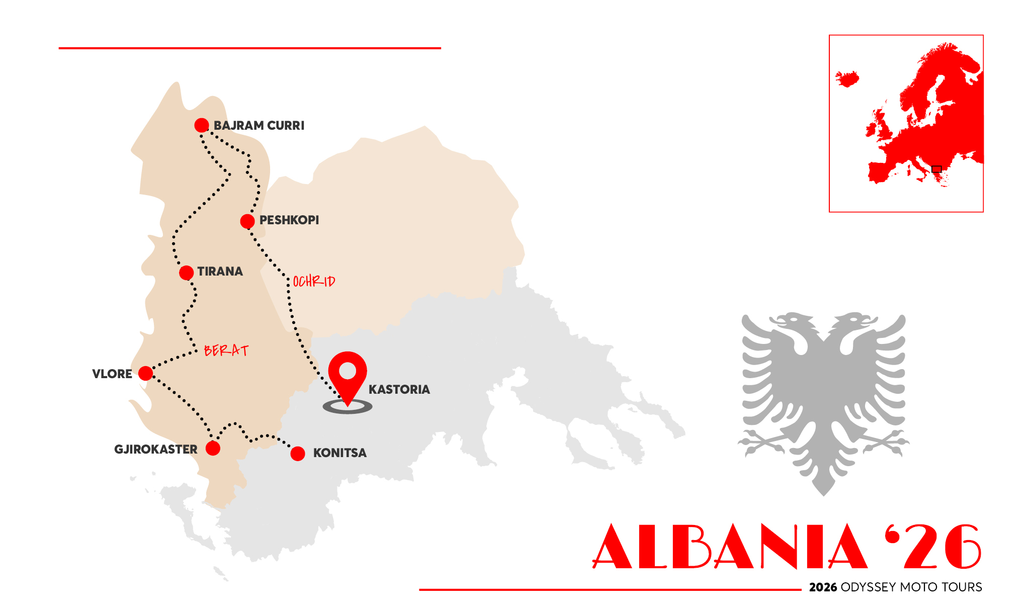 Route map of the Albania motorcycle tour with marked stops and attractions.