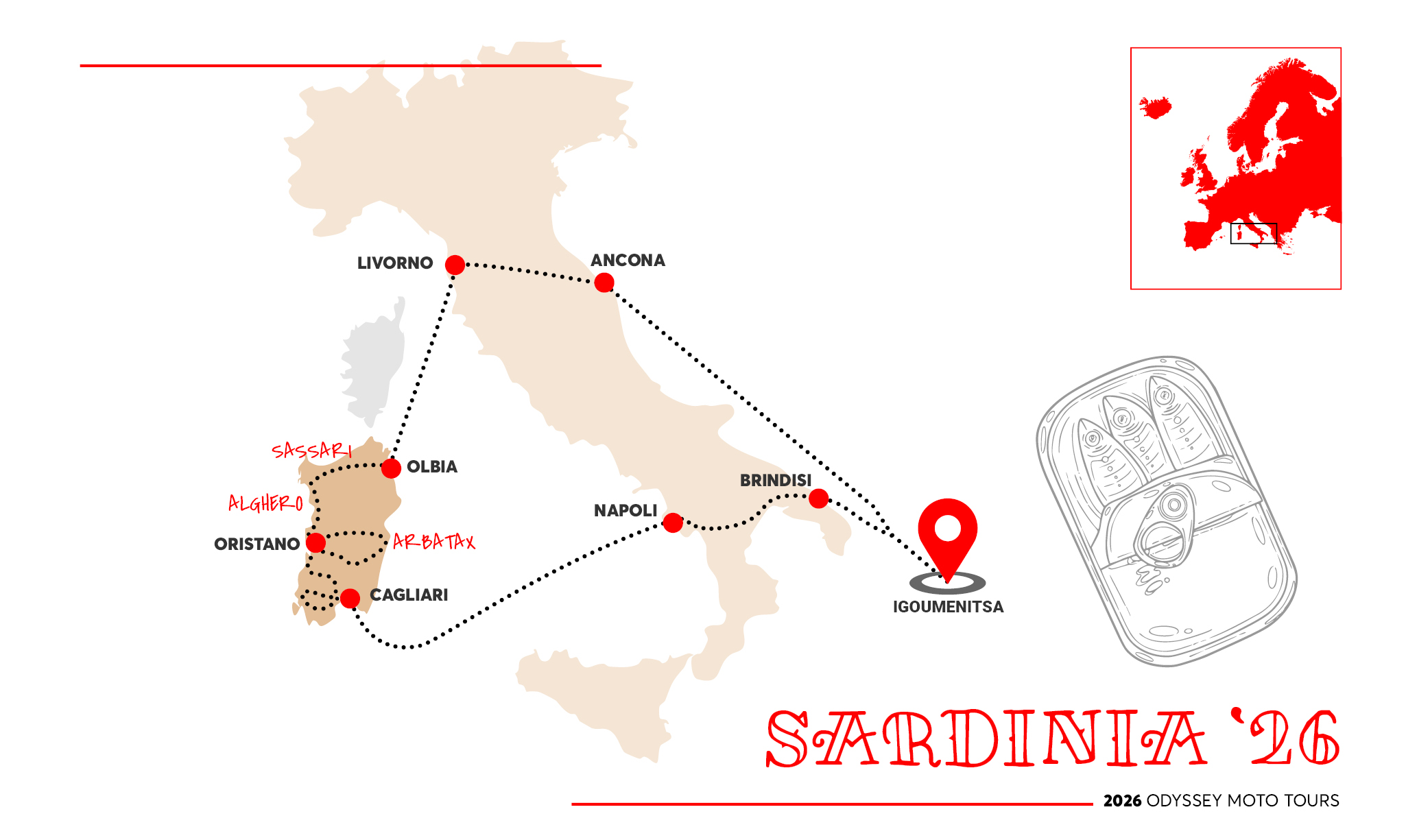 Χάρτης που δείχνει τη διαδρομή του ταξιδιού με μοτοσυκλέτα Σαρδηνία 2026, με τονισμένες διανυκτερεύσεις και πολλά σημεία ενδιαφέροντος κατά μήκος της διαδρομής
