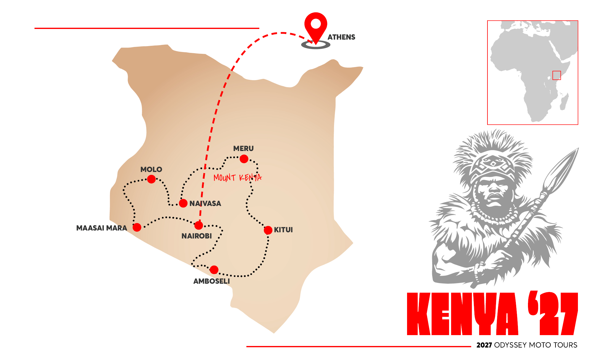 2027 Kenya Motorcycle Tour itinerary map with route highlights and overnight stops